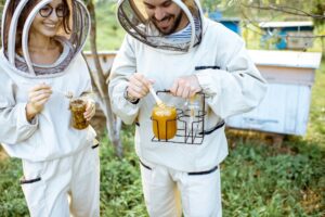 Beekeepers with honey on the apiary